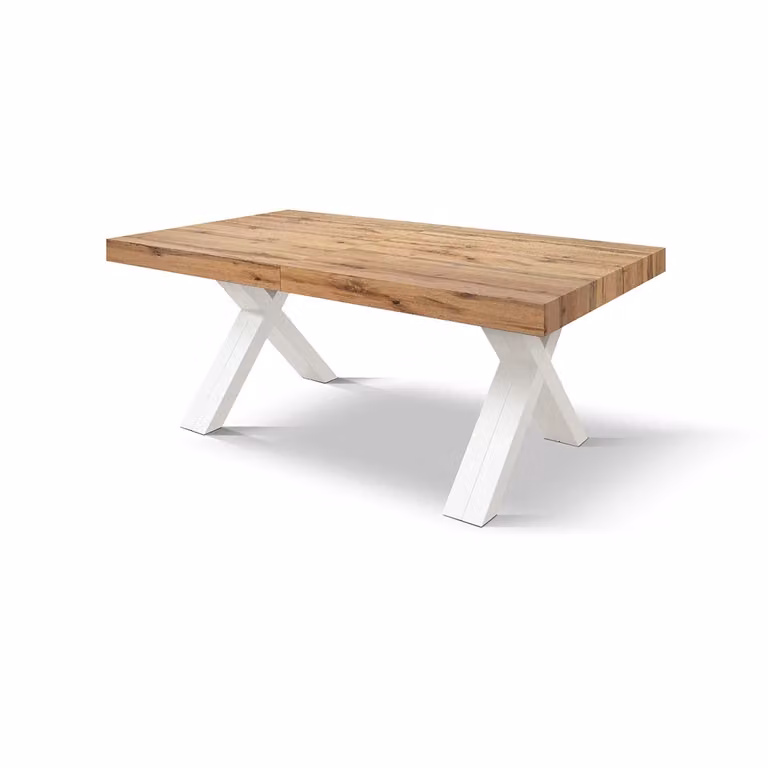 Tavolo GALLIPOLI in legno nobilitato effetto rovere rustico con gambe a X in legno bianco, allungabile 180×90 cm - 480×90 cm
