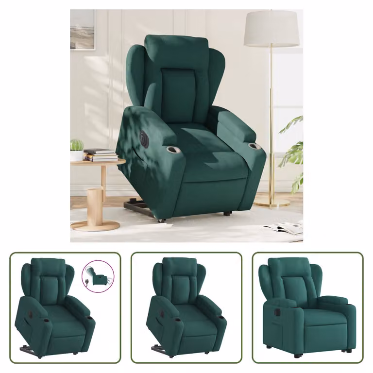 The Living Store Poltrona relax con ausilio per l'alzata Elettrica Tessuto verde scuro