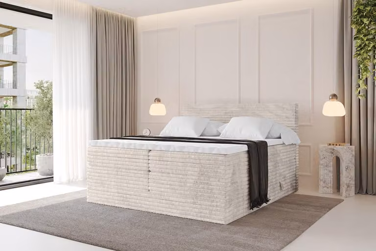 Letto boxspring ALTDECOR - TOLO-v1 KING 200x200 in velluto a coste - Crema - Set completo con materassi H3 e H4 e topper, letto imbottito con cassetti, rete a doghe, letto con contenitore, letto matrimoniale, letto a cassettoni