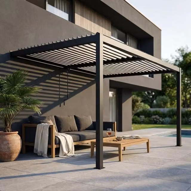 Pergola Bioclimatica Bob Gardens WALTER in alluminio nero, modello a mansarda L: 297 cm, P: 256 cm, H: 245 cm