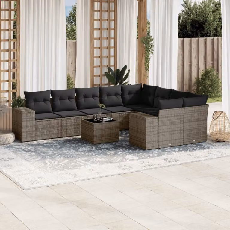 vidaXL Set Divano da Giardino 10 pz a Forma a L in Polyrattan Grigio con Cuscini e Tavolino