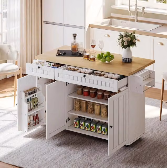 Isola da cucina ULEVR 137x45x89,5 cm con piano pieghevole estensibile, cassetti e ruote bloccabili, naturale e bianco