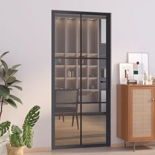 Porta Interna Moderna vidaXL in Vetro Trasparente e Alluminio, Colore Nero, L: 93 cm, H: 201,5 cm – 1