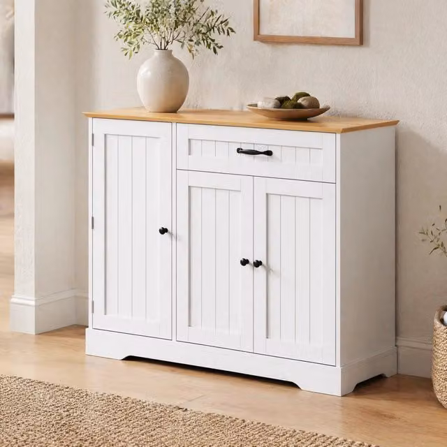 Credenza MIVRAY con 3 ante e cassetto in MDF bianco e naturale per soggiorno, ingresso o sala da pranzo