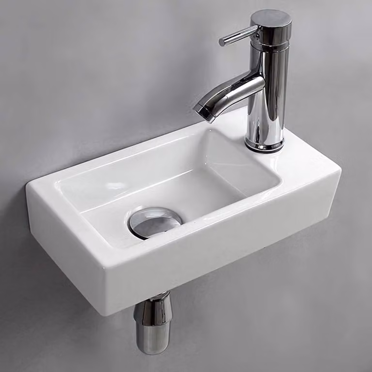 Lavabo da appoggio a parete, piccolo, rettangolare, in Vetroceramica, con foro per rubinetto a destra