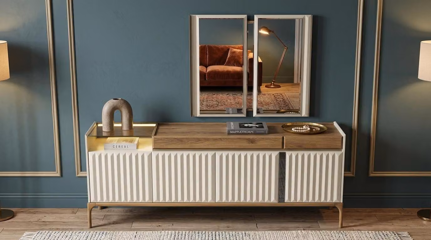 Mobile bar bianco esclusivo con specchio, motivo a coste, in legno, design moderno