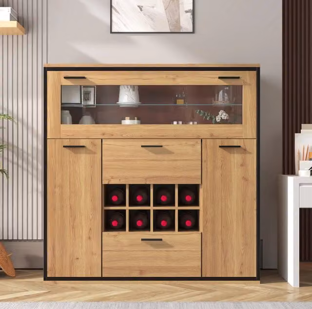 Credenza portabottiglie con doppia anta; ripiani in vetro e LED; 110x38x111 cm; colore naturale