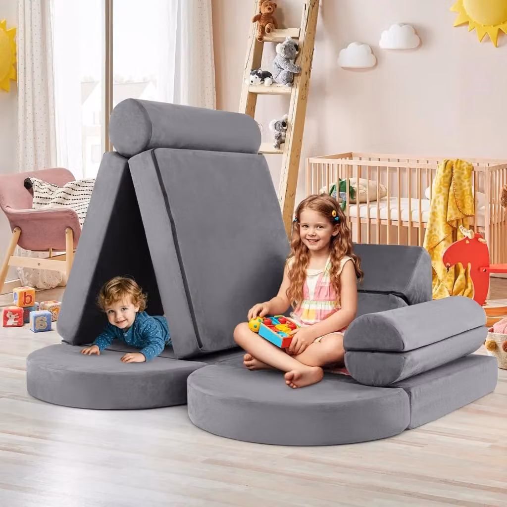 Divano per bambini Costway in stile Block composto da 13 pezzi, divanetto convertibile in velluto grigio per cameretta o soggiorno – 2