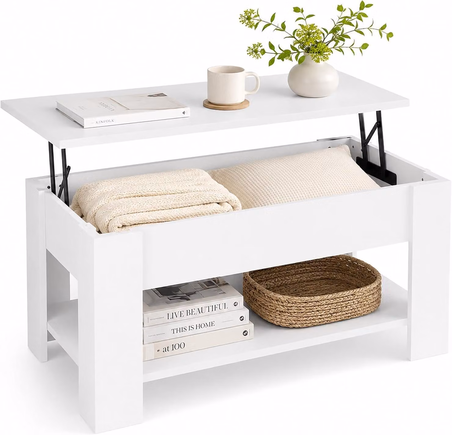 Tavolino allungabile - 42x98x50 cm - Rettangolare - Tavolino da soggiorno con spazio contenitivo - Moderno - Bianco