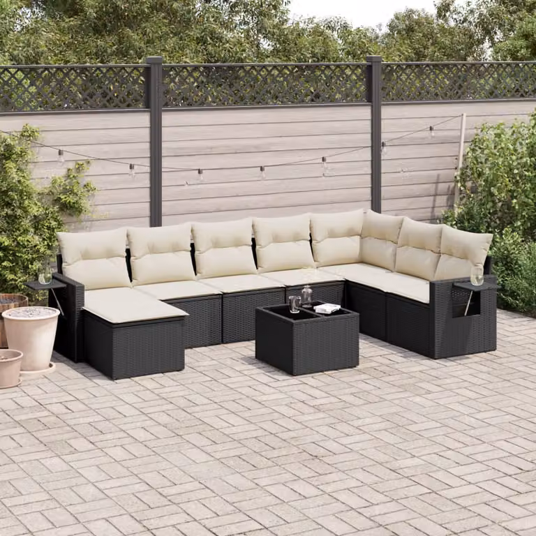 vidaXL Set Divani da Giardino a L 9 pz con Cuscini e Tavolino, Polyrattan e Acciaio Nero
