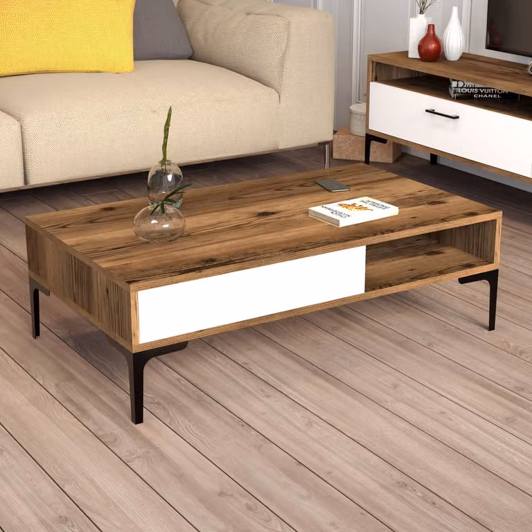 Skye Decor, tavolino moderno, in noce e bianco, dimensioni 105 x 60 x 32,6 cm. Realizzato con pannello di particelle rivestito in melamina al 100%, spessore 18 mm. Eleganti gambe in metallo, alte 17 cm, ideali per qualsiasi soggiorno.