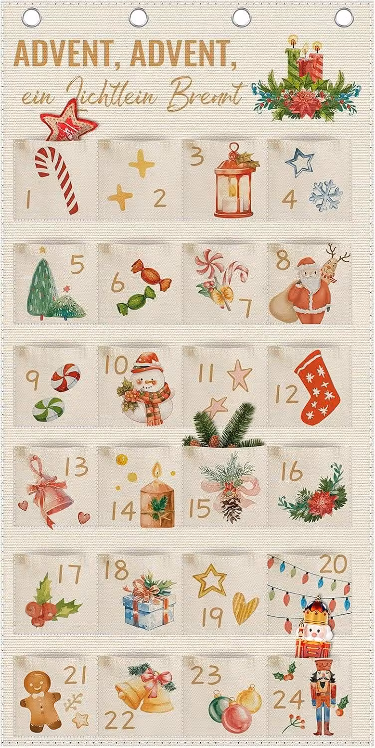 Calendario da parete in tessuto - Con 24 scomparti - Calendario dell'Avvento - Arazzo - Da appendere al muro - Porta - Decorazione