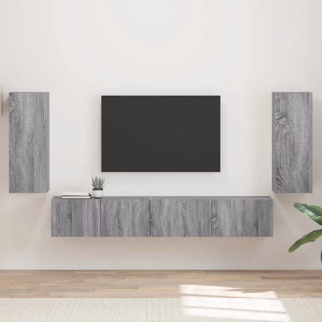 Set di 4 pezzi mobile porta TV moderno in legno multistrato Grigio Sonoma e legno, modello DESIGN IN, da appendere alla parete – 2