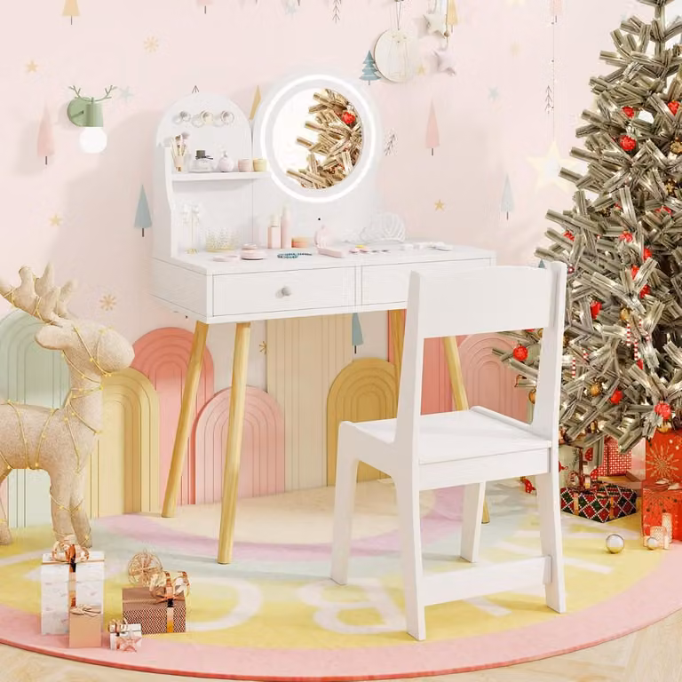 Set da trucco per bambini Costway con specchio illuminato LED, tavolo e sedia da principessa in MDF laccato Bianco