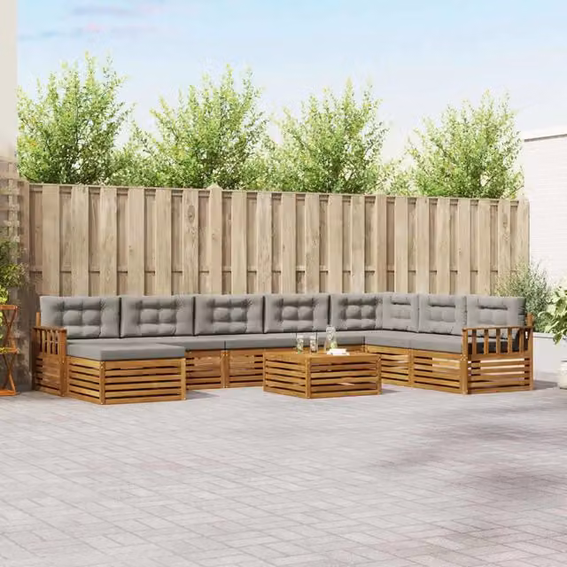 Set di divani da esterno a L vidaXL in legno di acacia con cuscini e tavolino, Grigio – 1