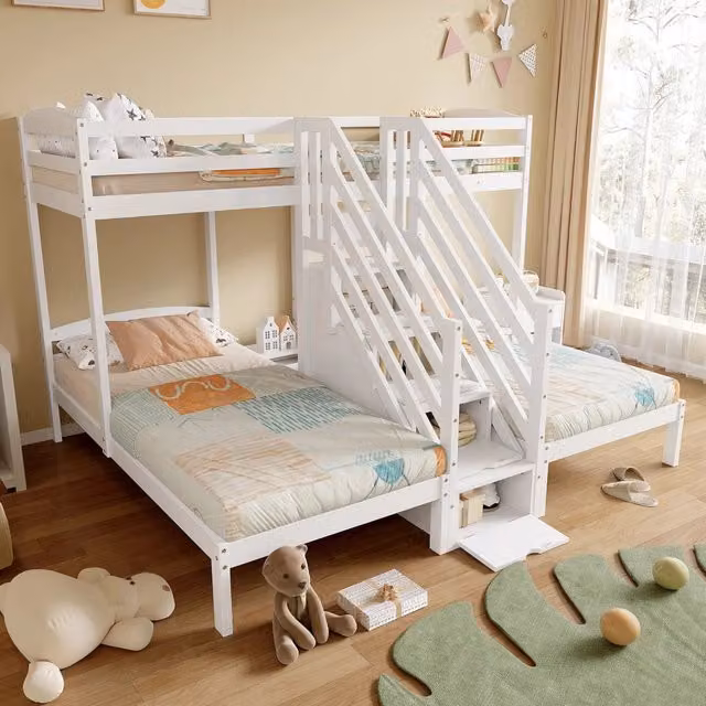 Letto a castello triplo 90x200 cm con scala e cassetti; in pino e MDF; bianco per cameretta