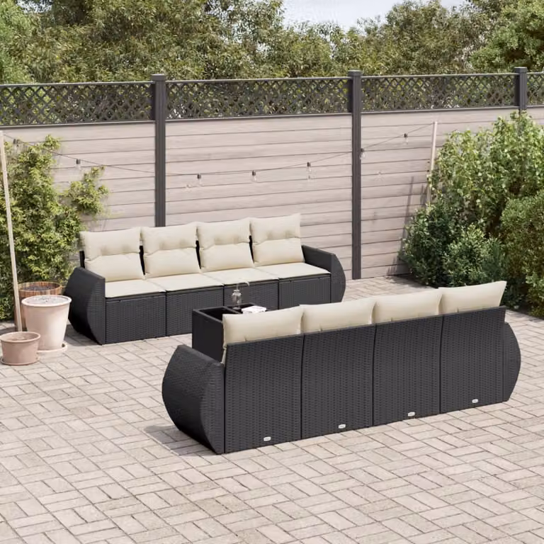 vidaXL Set Divani da Giardino 9 pz in Polyrattan Nero con Cuscini e Tavolino da Caffè
