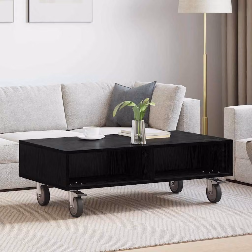 vidaXL Tavolino rettangolare con ruote in rovere e nero L 90 cm, P 50 cm, H 30 cm
