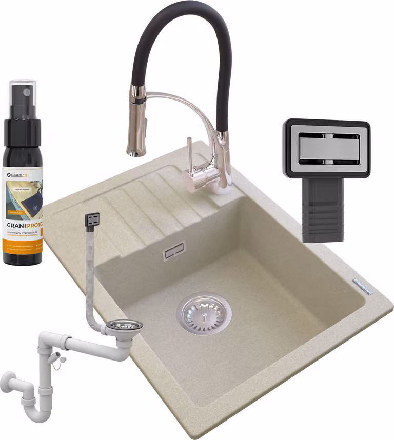 Granitan - Lavello in granito - Lavello da cucina - 62x44x18 cm - Beige - con rubinetteria NEXO, sifone e trattamento impermeabilizzante