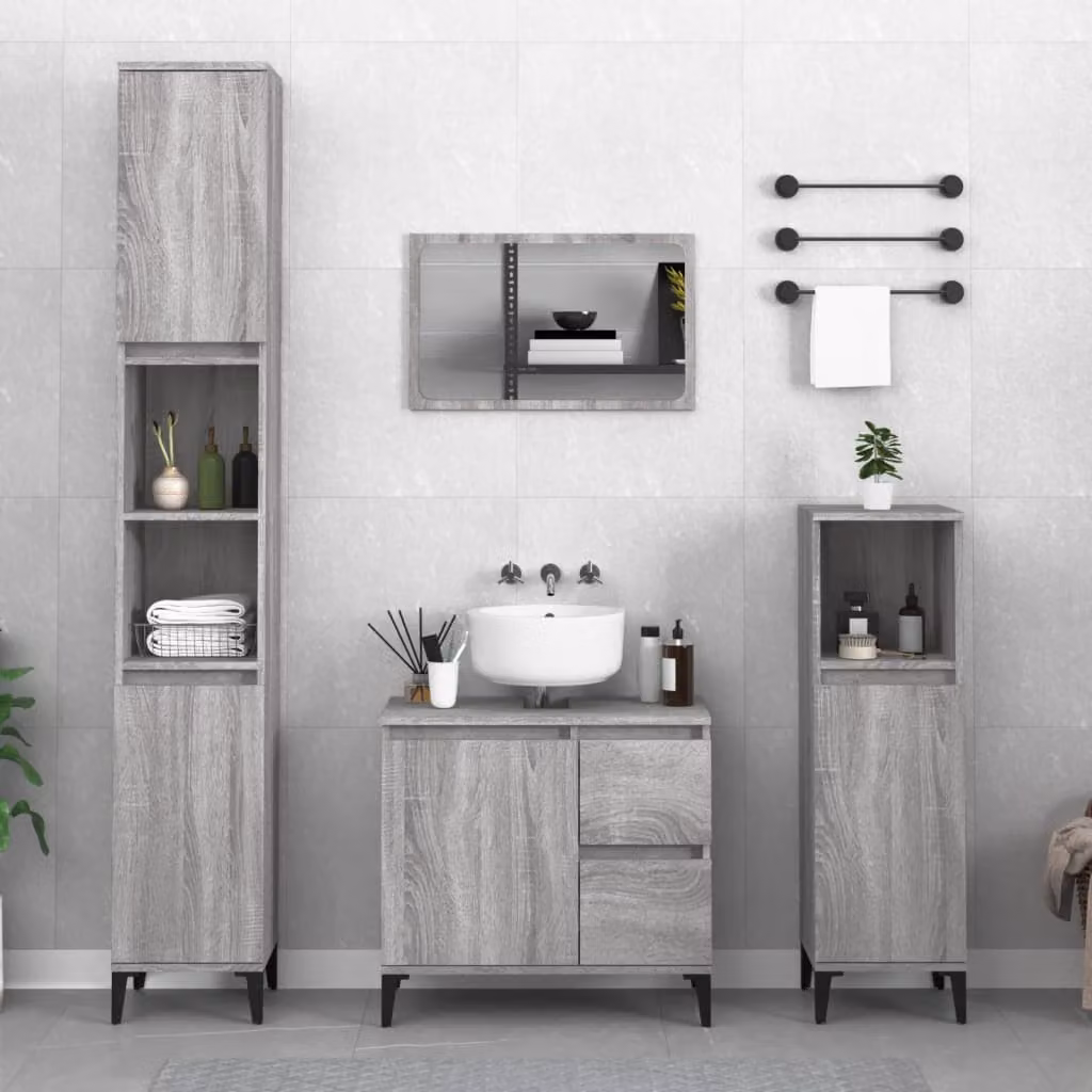 Set di mobili da bagno moderno vidaXL in legno e metallo grigio, composto da 3 pezzi con mobile lavabo e armadio alto