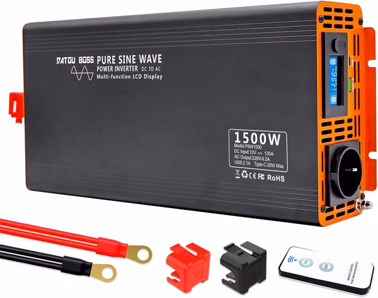 Convertitore di tensione da 12V a 230V, onda sinusoidale pura, 1500W, con display LCD, USB e porta Type-C