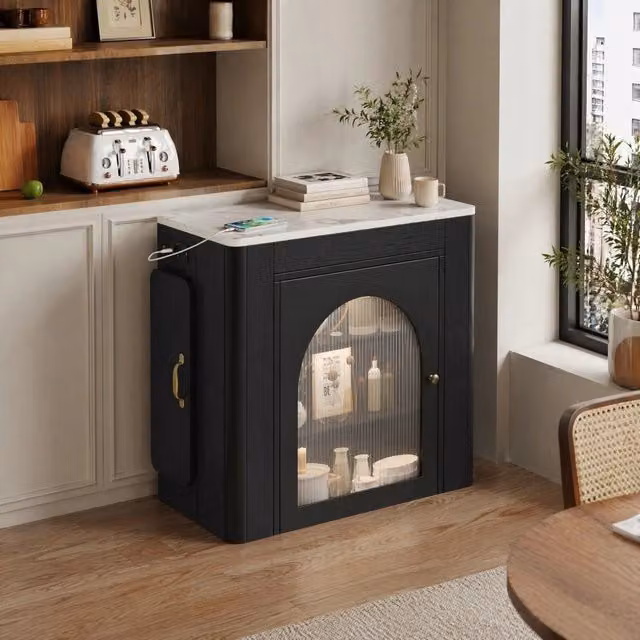 Isola cucina ULEVR 83x39,6-149,6x77 cm, tavolo estensibile con ruote, LED e prese USB/Type-C, bianco e nero