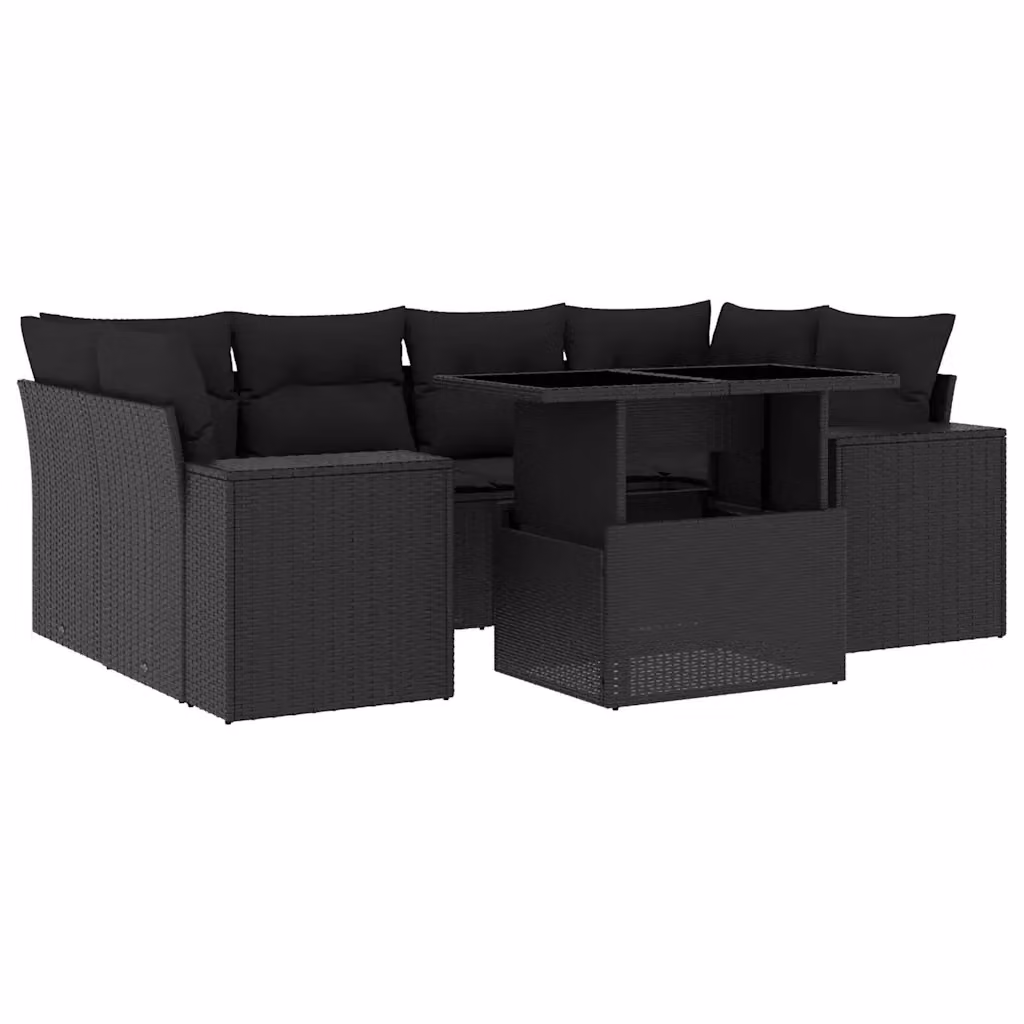 vidaXL Set Divano da Giardino a L con 7 Cuscini Nero e Tavolino in Vetro – 2