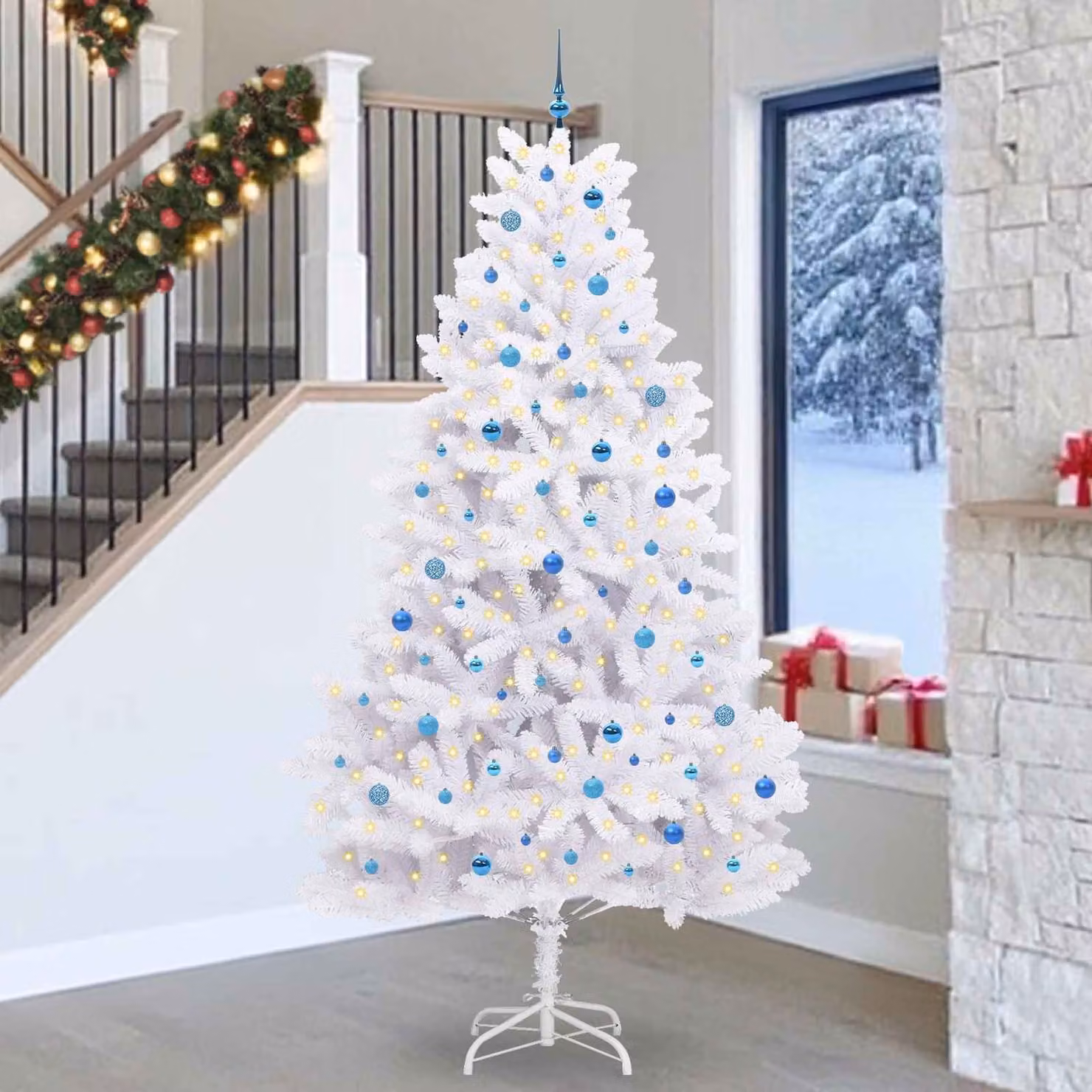 Albero di Natale Artificiale Moderno vidaXL Bianco con Luci LED RGB e Rami Pieghevoli in PVC e Metallo, Altezza: 270 cm