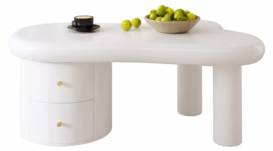 Tavolino da caffè - Forma irregolare - 2 cassetti - Design salvaspazio - Struttura in legno - Pannello MDF - Bianco