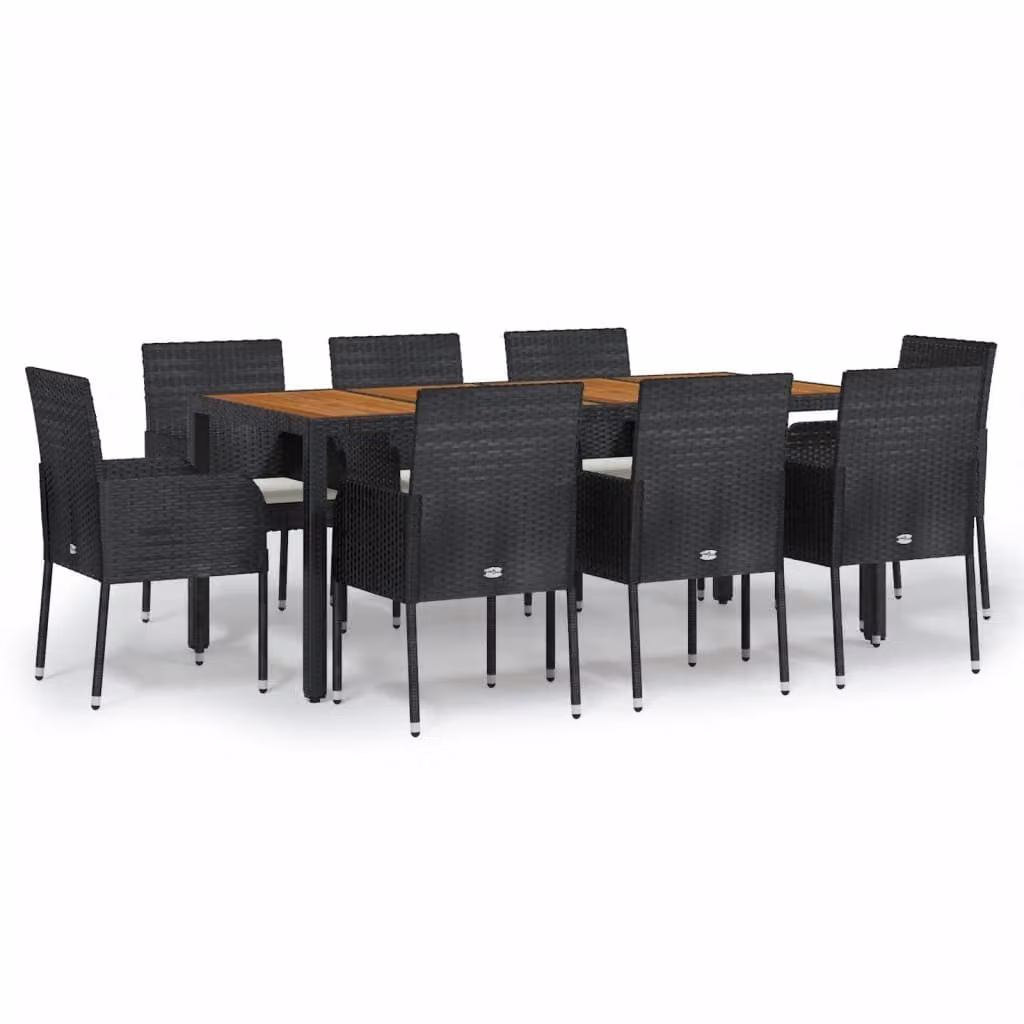 Set da Pranzo da Giardino 9 pz con Cuscini Nero in Polyrattan
