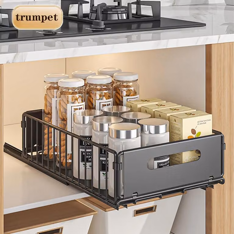 Contenitori per la cucina - Cesto estraibile per armadietto, 1 pezzo, piccolo - Installazione senza foratura - Acciaio al carbonio - Ripiano estraibile per armadietti da cucina e dispense - Nero