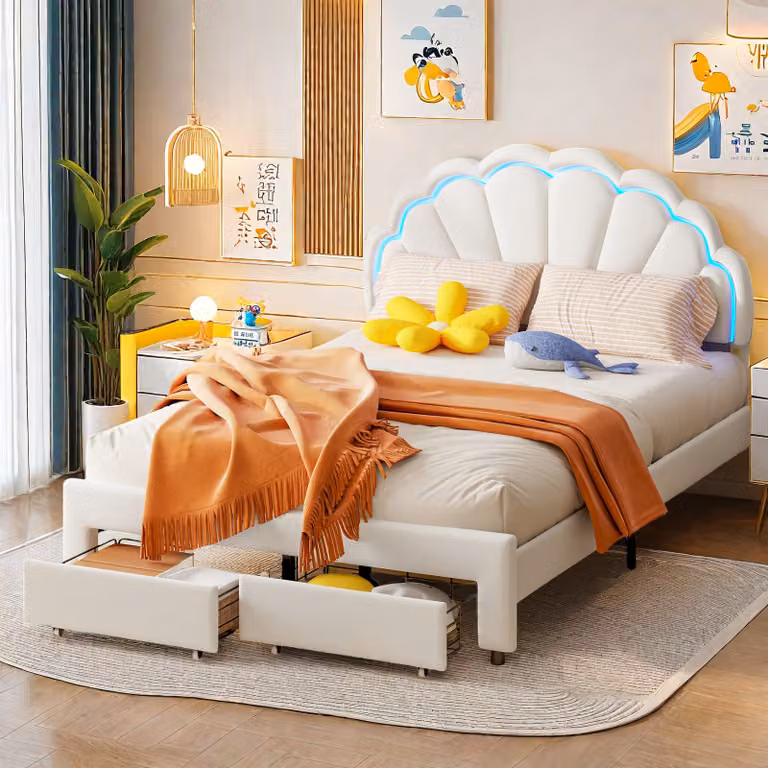 Letto imbottito 140x200cm, letto matrimoniale con 2 cassetti, letto contenitore letto giovanile con rete a doghe e led, letto funzionale letto in legno massiccio, beige