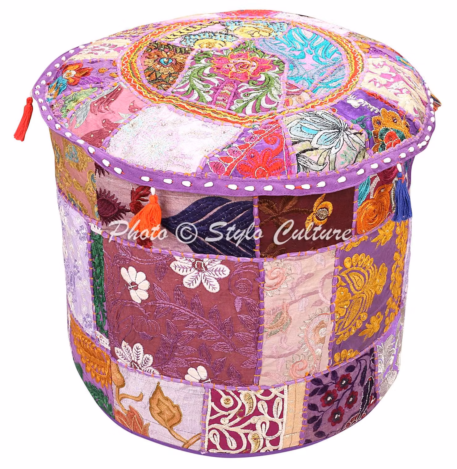 Copertura rotonda per pouf in stile ottomano, patchwork, color lilla, diametro 45 cm