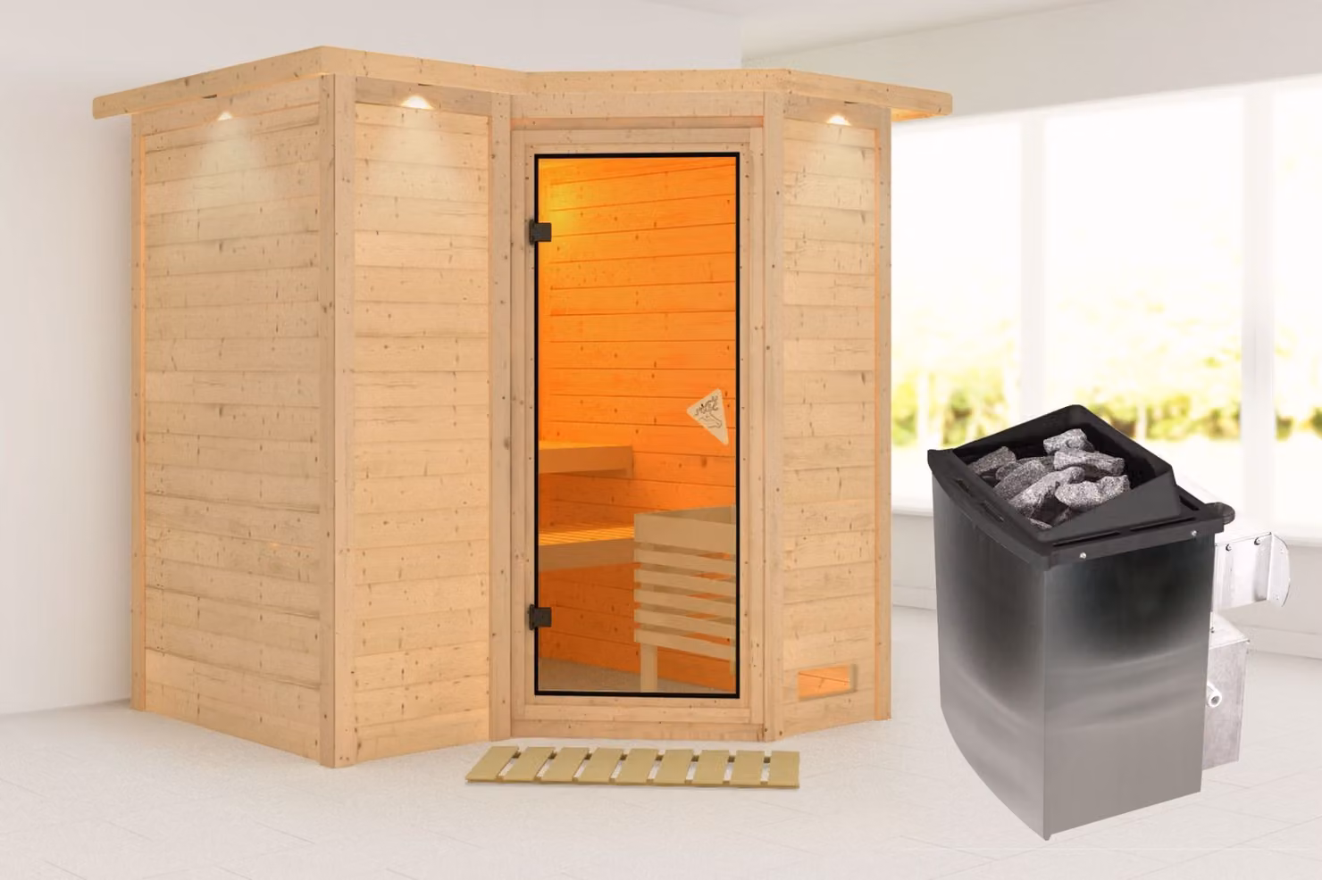 Sauna Sahib 1: con cornice luminosa sul soffitto: stufa da 9 kW + sistema di controllo integrato: porta in vetro bronzato. Cornice luminosa sul soffitto: con illuminazione. Stufa per sauna: 9 kW, stufa con sistema di controllo integrato. Porta per sauna: