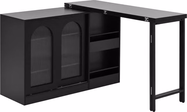 Tavolo Bar Estensibile 360° con Mobile Contenitore 121;5x40x76;7 cm; Ante in Vetro Rigato; Isola Cucina e Bar Caffè Nero