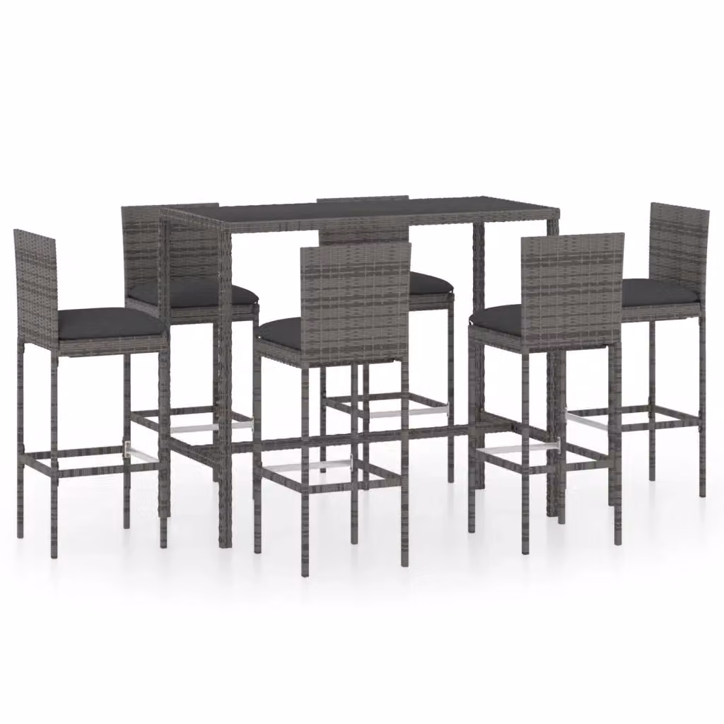 vidaXL Set da Bar da Giardino 7 pz in Polyrattan Grigio con Cuscini e Tavolo in Vetro – 2