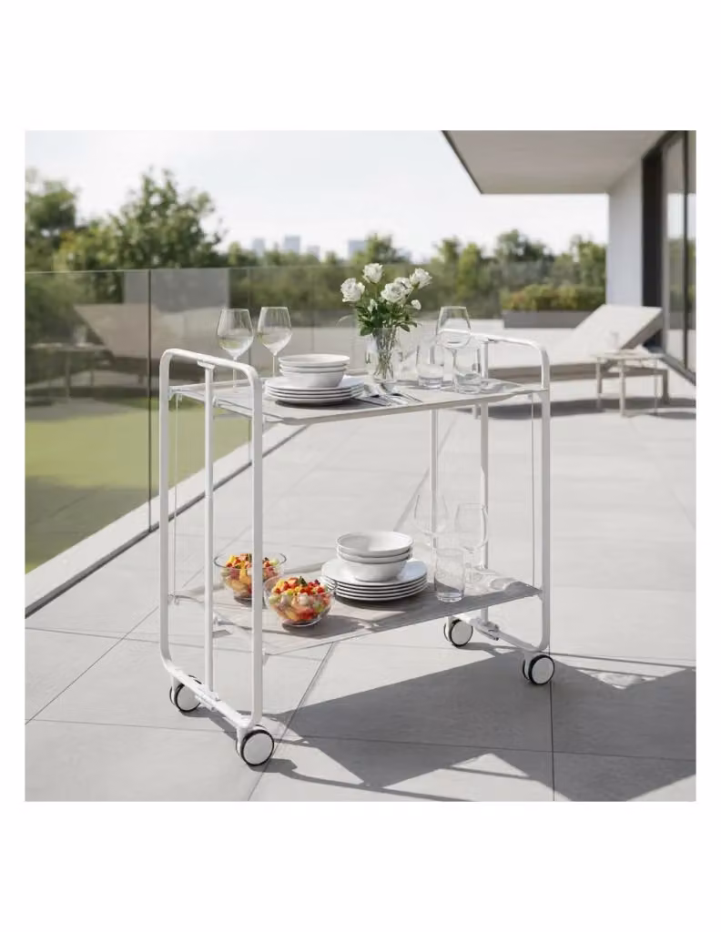 Carrello da cucina pieghevole DON HIERRO con 2 ripiani in MDF laminato e struttura metallica bianca, H 72 x L 66 x P 43 cm – 2