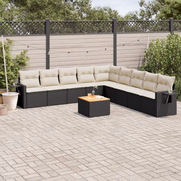 vidaXL Set Divani da Giardino a L in Polyrattan Nero con Cuscini e Tavolino da Esterno