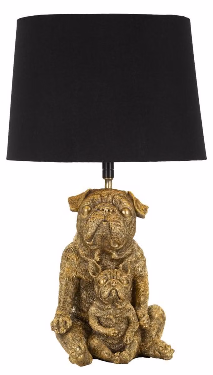 Lampada da tavolo Dog in resina oro e nero con paralume in tessuto