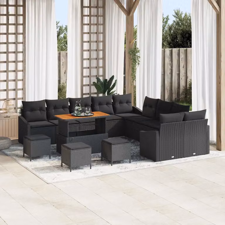 Set Divano da Giardino vidaXL a forma a U in Polyrattan Nero con Cuscini e Tavolino