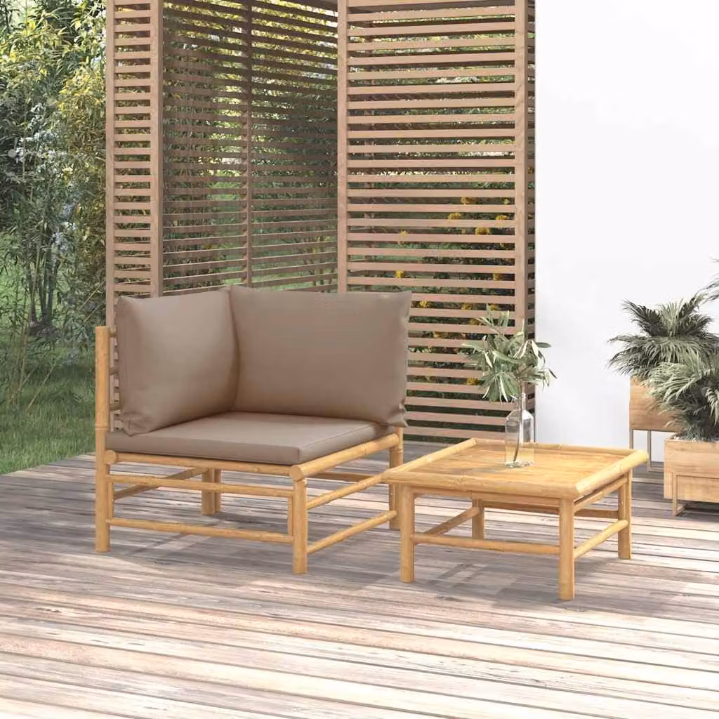 Set Salotto da Giardino vidaXL a Forma di L in Bambù con Cuscini e Tavolino da Caffè, Colore Marrone, Grigio e Beige