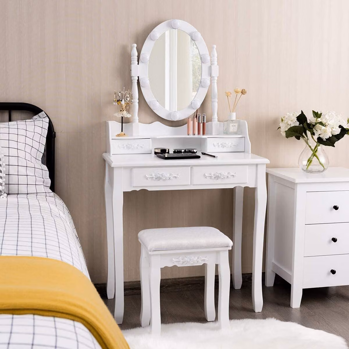 Set tavolo da trucco COSTWAY con 10 luci LED, tavolo da toilette con specchio e sgabello per il trucco, luminosità regolabile, tavolo cosmetico con 4 cassetti per camera da letto, tavolo da trucco in legno (bianco)