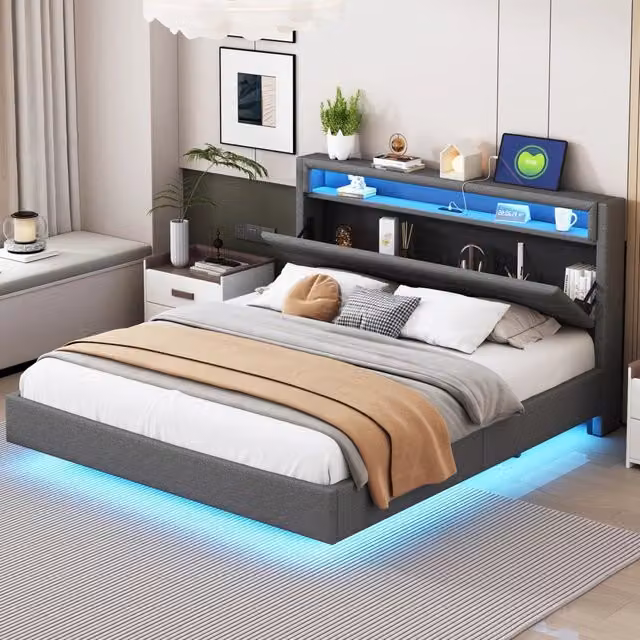 Letto Imbottito Matrimoniale con LED e USB ¨C MINIMAL ¨C Tessuto Grigio 160x200