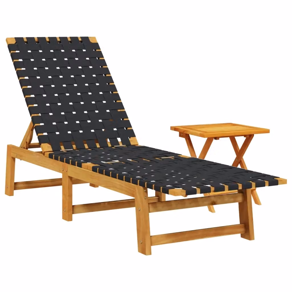 vidaXL Lettino Prendisole con Tavolino in Legno di Acacia e Tessuto Nero e Marrone – 2