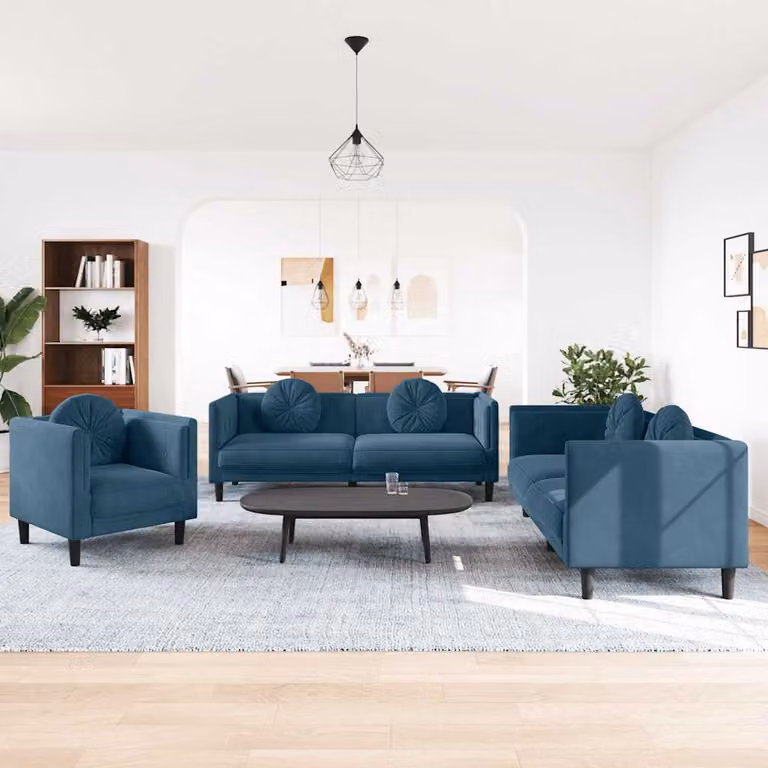 Set di divani 3 pezzi vidaXL in velluto blu con cuscini e struttura in legno massiccio