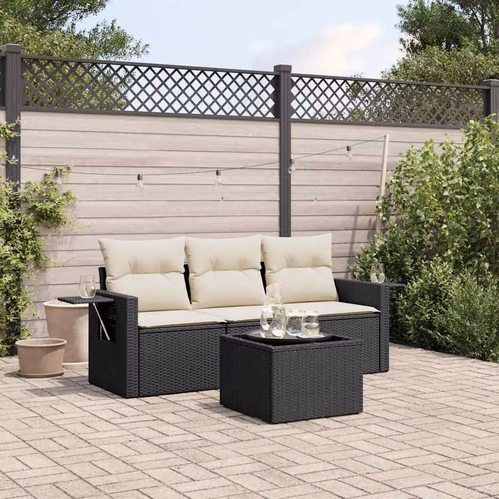 Set di Divani da Giardino vidaXL 4 Pezzi in Polyrattan Nero con Cuscini e Tavolino – 1