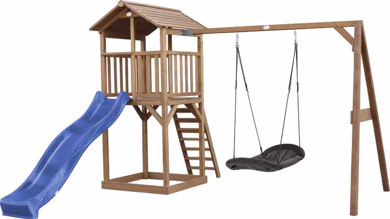 AXI Beach Tower parco giochi in legno in marrone | Torre di gioco per bambini con sabbiera, altalena a nido e scivolo blu | Casa per bambini su palafitte per il giardino