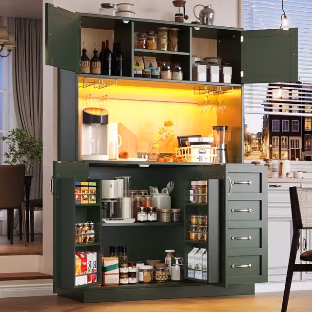 Credenza da cucina alta LED con 4 ante, 2 cassetti e portabottiglie, in MDF verde, per cucina, 120 × 40 × 188 cm