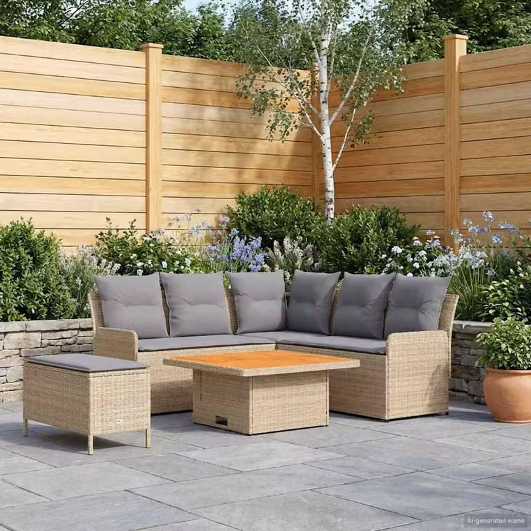 Set di mobili da giardino e soggiorno vidaXL 5 pezzi in rattan PE e legno di acacia, colori beige e grigio