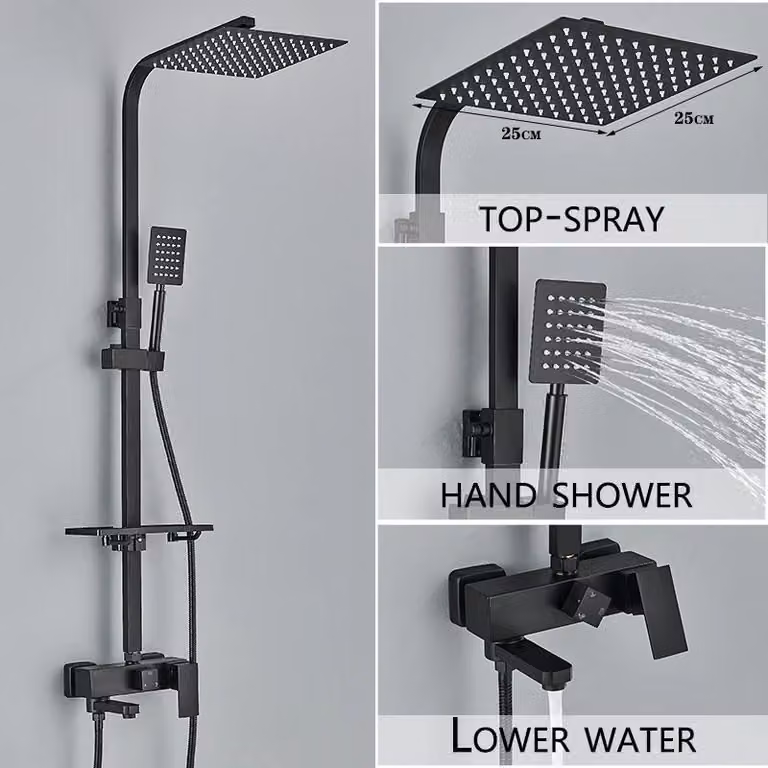Set doccia per vasca da bagno - Miscelatore per vasca con tre uscite - Doccia a pioggia da 25 cm - Doccetta manuale e rubinetto - Montaggio a parete - Nero/Cromo